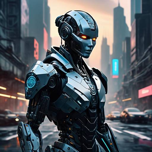 Futuristic Cyborg Warrior in Dystopian City Futuristic Cyborg Warrior in Dystopian City