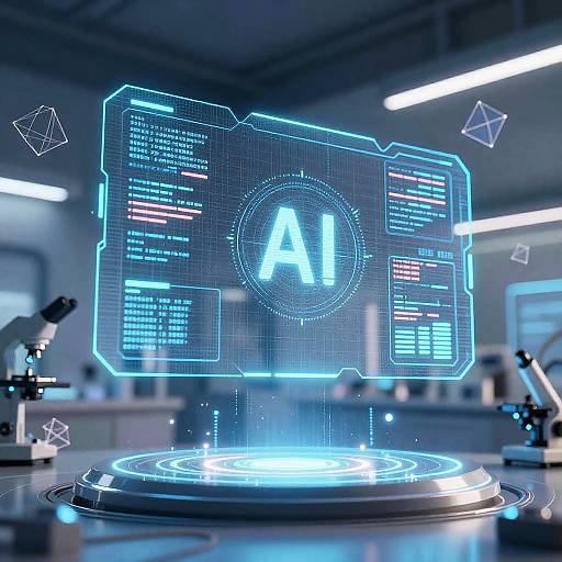 Digital CGI of a futuristic lab with a glowing blue holographic AI screen displaying 