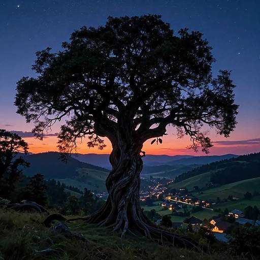 Photograph of a silhouetted, twisted tree against a vibrant twilight sky, with a glowing orange sunset, starry night, and a valley