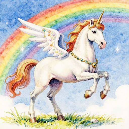 Dancing Opal Pegasus in Rainbow Sky