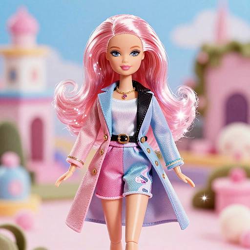Photorealistic doll with long pink hair, wearing a blue and pink checkered coat, white top, and high-waisted shorts, stands in