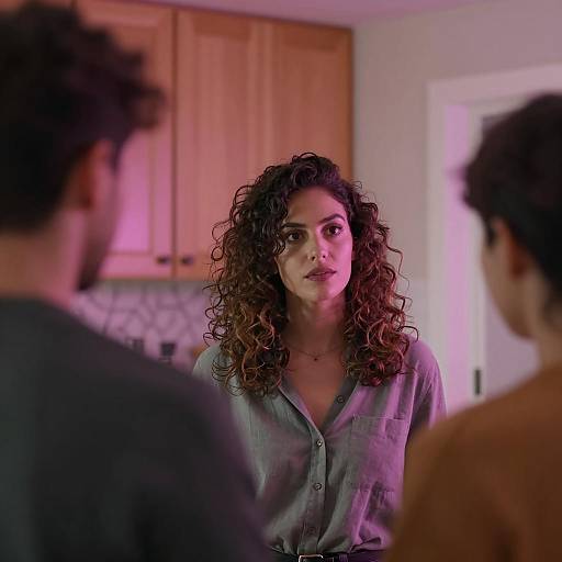 Curly-Haired Woman in Neon Kitchen Scene