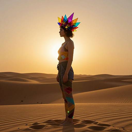 Silhouetted woman in colorful feather headdress and tribal attire stands in sunlit desert, casting shadow on rippled sand dunes.