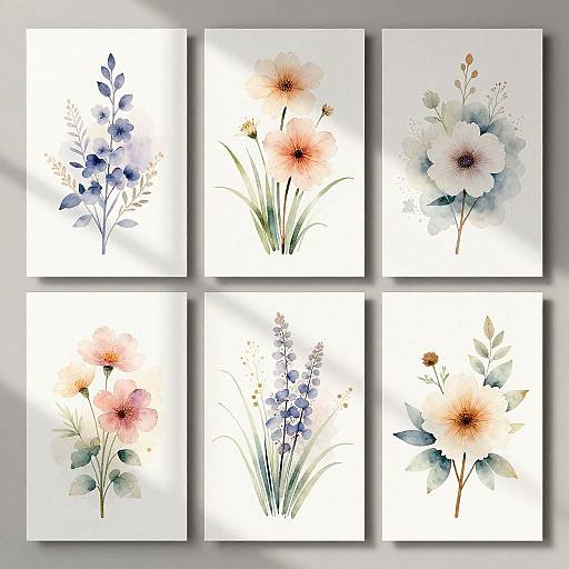 Six watercolor floral paintings, each on a white square canvas, featuring delicate flowers in pastel hues, soft gradients, and minimalistic backgrounds.