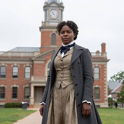 Photograph of a Black woman with curly hair, dressed in 19th-century attire, standing in front of a red-brick historic building with a