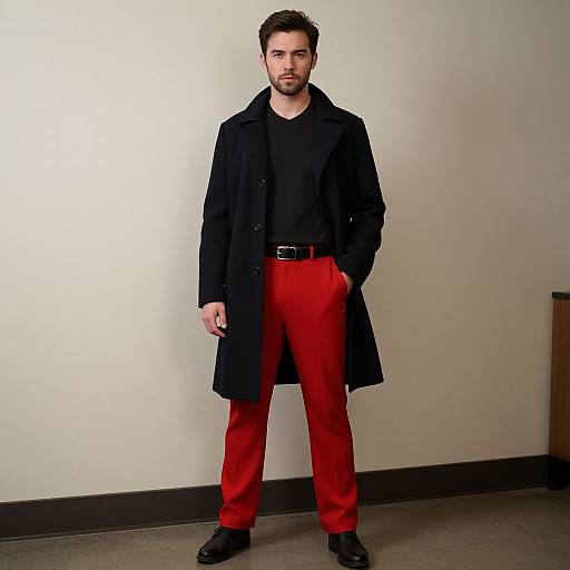 Photograph of a handsome man with short brown hair and beard, wearing a black coat, black shirt, red pants, and black shoes, standing against