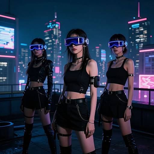 Digital art: Three Asian women in black leather outfits, virtual reality headsets, neon cityscape background, tall buildings with vibrant lights.