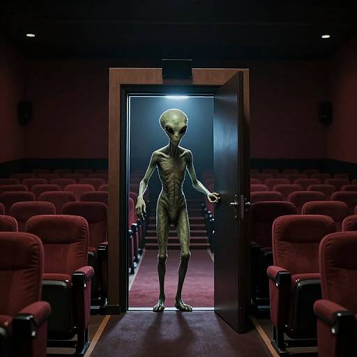 Photograph of an alien standing in a dimly lit, empty movie theater, emerging from a darkened doorway with red velvet seats.