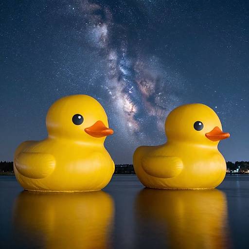 Photograph of two bright yellow rubber ducks on calm water, facing forward, with the Milky Way galaxy visible in the night sky above.