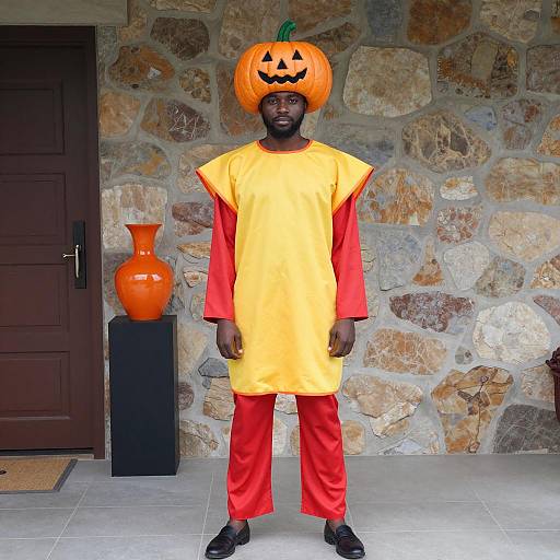 Man Wearing Pumpkin Hat and Yellow Tunic Costume