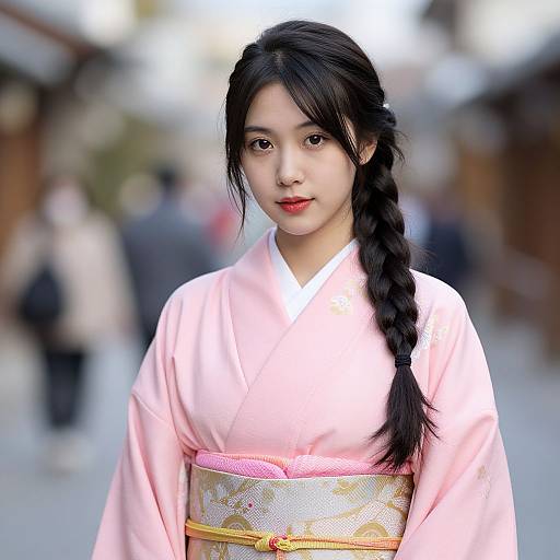 Photograph of an East Asian woman with long black braided hair in a pink kimono with a gold and pink obi, standing in a blurred
