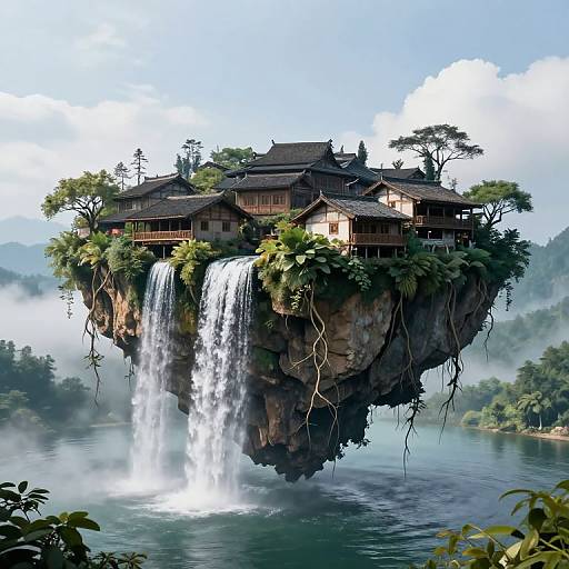 Floating Island Village with Waterfall
