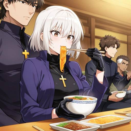 Girl Dining with Boys and Cross Jewelry