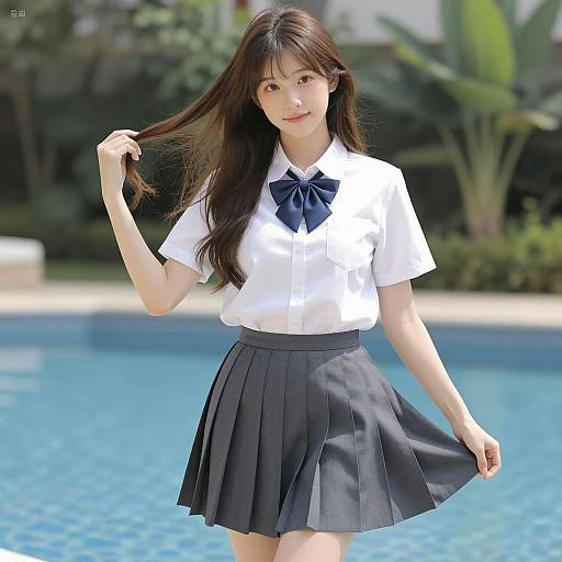 Asian Woman by Pool in School Uniform