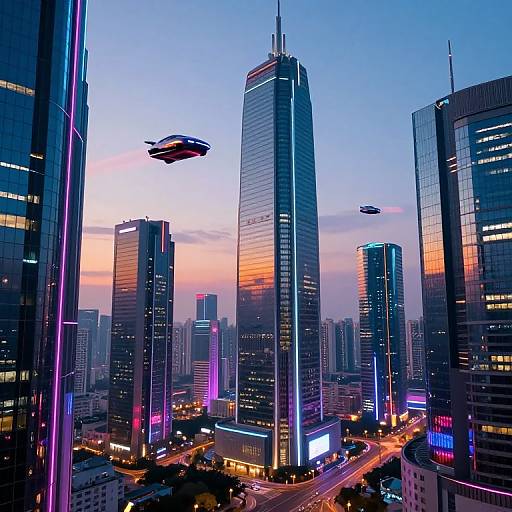 Photograph of a futuristic cityscape at dusk with neon-lit skyscrapers, hovering drones, and illuminated streets, showcasing vibrant blue, pink,