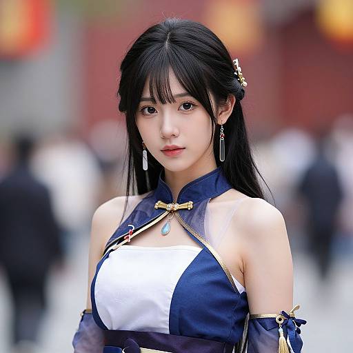 Photograph of an East Asian woman with long black hair, wearing a blue and white traditional Chinese dress, standing in a blurred, busy outdoor setting.