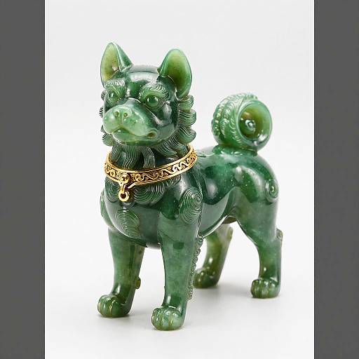 Photograph of a green, intricately carved jade dog statue with a gold, ornate collar, standing on a white background.
