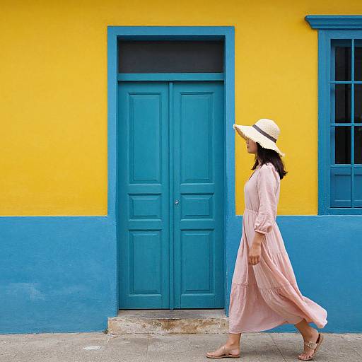 Photograph of a woman in a pink dress and white hat walking past vibrant yellow and blue doors on a sunny street.