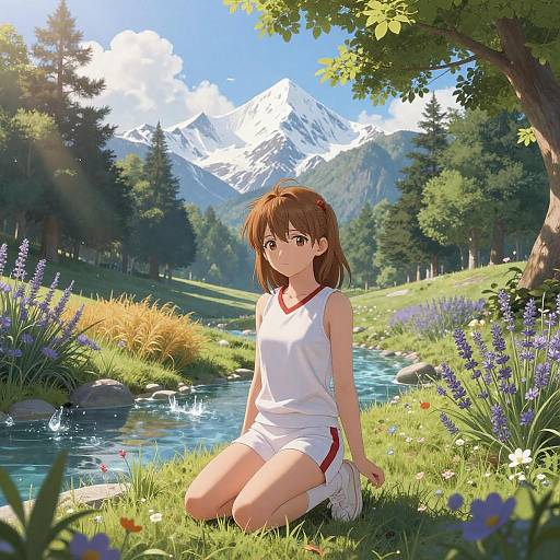 Anime-style drawing of a brown-haired girl in a white tank top and red-trimmed shorts, kneeling by a sunny mountain stream with snow-capped