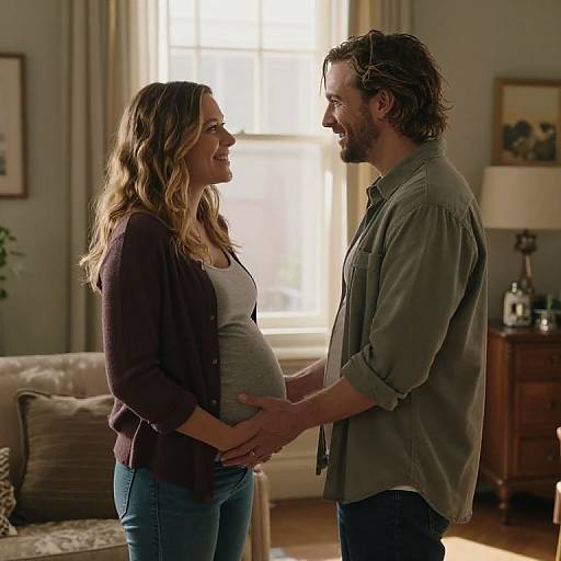 Photograph of a pregnant woman with long blonde hair and a purple cardigan, smiling at a bearded man in a green shirt, standing in a