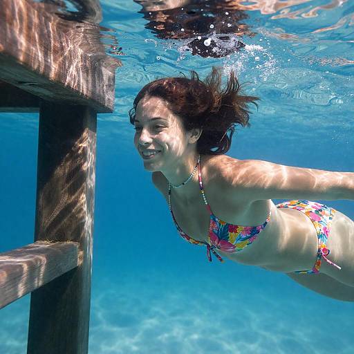 Smiling Woman Underwater in Floral Bikini