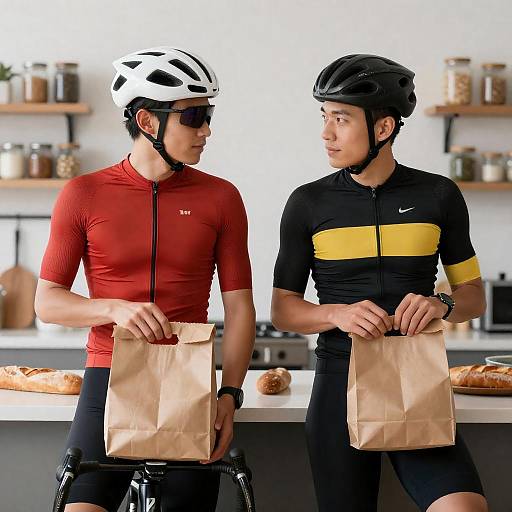 Male Cyclists in a Cozy Kitchen Setting