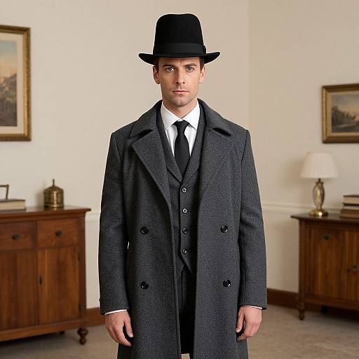 Photograph of a serious Caucasian man in a black hat, dark three-piece suit, white shirt, and black tie, standing in a vintage, wooden
