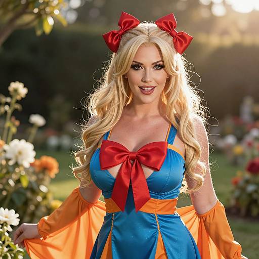 Photograph of a blonde woman in a blue and orange Snow White costume with red bow, large red bow on chest, smiling in a sunlit garden