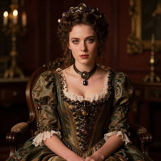 Photograph-style digital illustration of a pale-skinned woman with dark curls, wearing an ornate Victorian-era dress and choker, seated in a dim