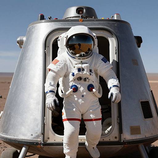 Photograph of an astronaut in a white spacesuit with red stripes, standing in the open hatch of a silver, dome-shaped spacecraft on a barren,