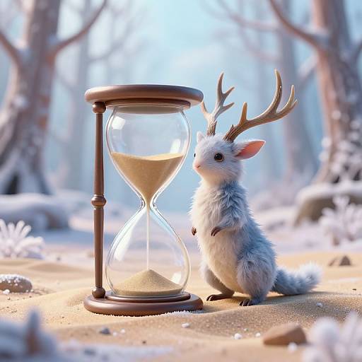 Digital artwork of a fluffy, white, antlered creature standing beside a wooden hourglass in a snowy forest, with soft sunlight filtering through trees.