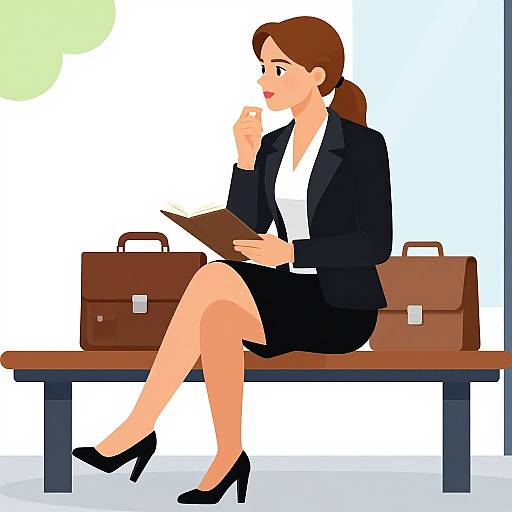 Digital illustration of a brown-haired woman in a black suit, white shirt, black skirt, and heels, sitting on a bench with a brown briefcase