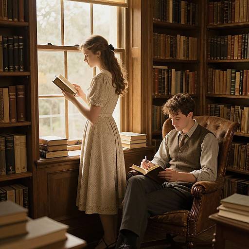 Photograph of a sunlit library: a woman in a lace dress reads by the window, while a man in a vest and shirt sits, reading
