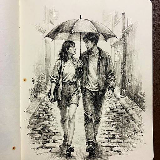 Couple Sharing Umbrella in Cobblestone Alley Sketch
