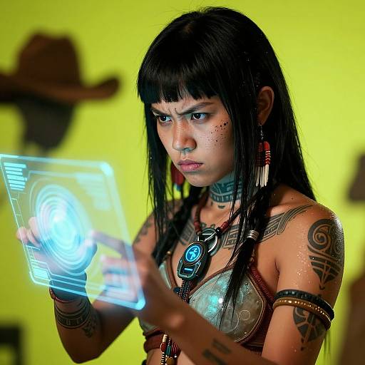 Photograph of a tattooed, black-haired woman with bangs, wearing a metallic bra and neck accessories, focused on a glowing blue holographic screen