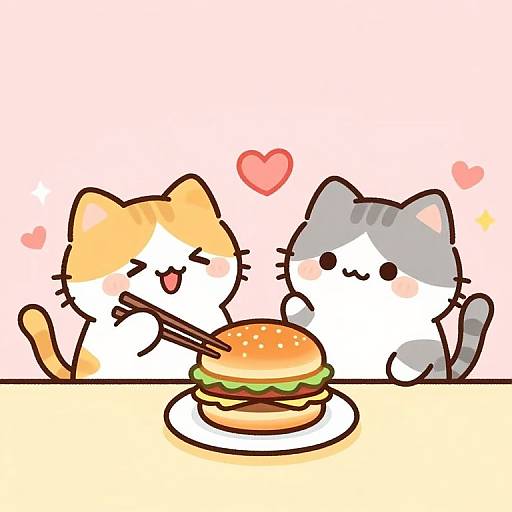 Chibi-style digital drawing of two cute, cartoon cats with orange and gray fur, eating a burger with chopsticks, surrounded by pink hearts.