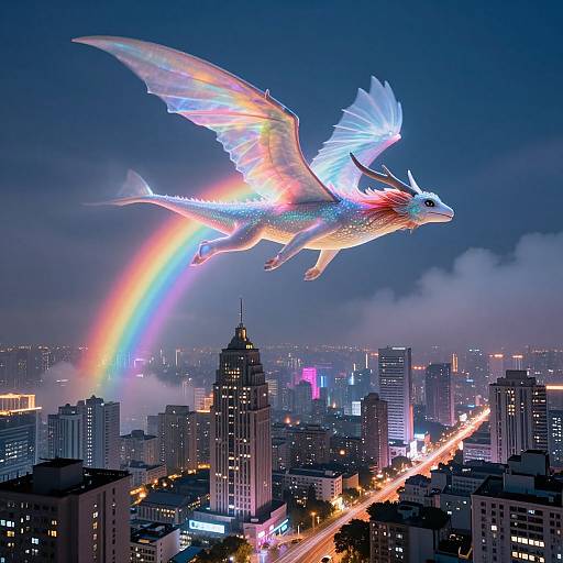 Digital artwork: Glowing, rainbow-winged dragon soars above a vibrant, neon-lit cityscape at night, with a rainbow trailing behind and