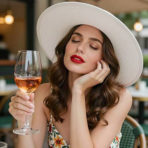 Woman Enjoying Rosé Wine in White Sunhat