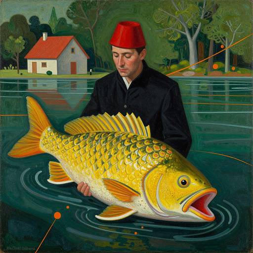 Digital painting of a man in a red hat holding a large, yellow, detailed fish in a calm lake with a cottage in the background.