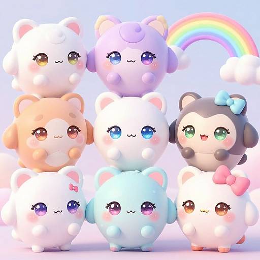 Cute digital illustration of nine chibi-style, pastel-colored, fluffy bear-like creatures with big eyes, standing in a pyramid, with a rainbow