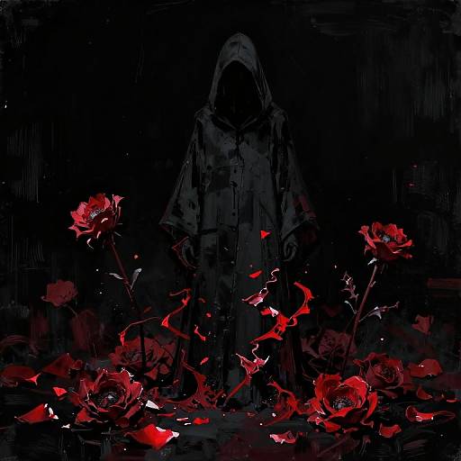 Mysterious, hooded figure in dark cloak stands behind vibrant red roses with glowing petals, set against a black, shadowy background. Digital art.