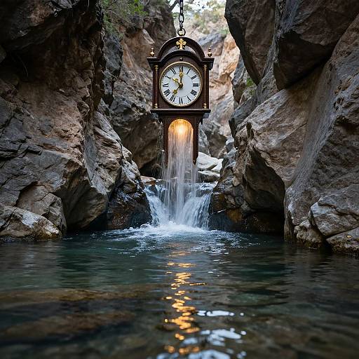 Surreal Grandfather Clock Over Serene River