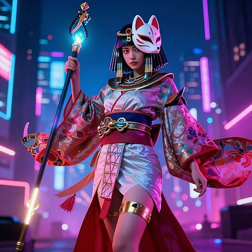 CGI image of an Asian woman in a silver, ornate kimono, red obi, and white fox mask, holding a glowing staff,