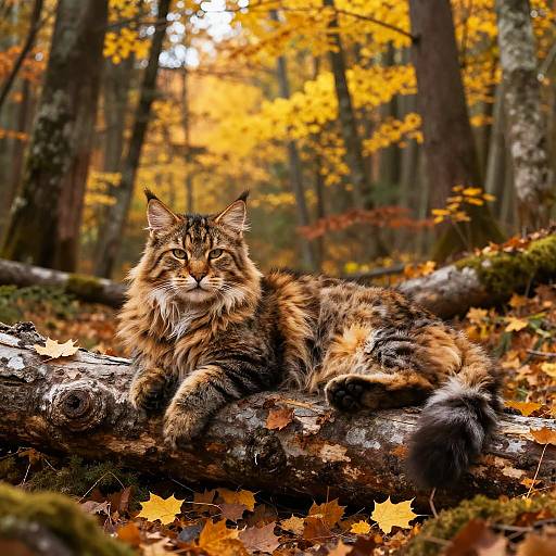 Photograph of a fluffy, long-haired tabby cat lounging on a fallen log in a vibrant autumn forest, surrounded by orange and yellow leaves.