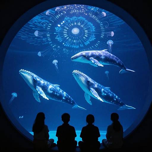 Photograph of a blue-lit aquarium with silhouetted observers, featuring three glowing whales and jellyfish against a circular glass wall.