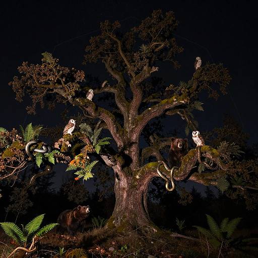 Photograph of a large, illuminated tree at night, with owls perched on its branches and ferns in the foreground, set against a dark