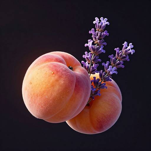 Photorealistic CGI of two ripe, pink-peach fruits with purple lavender sprigs, glowing against a black background. Textured skin, detailed petals