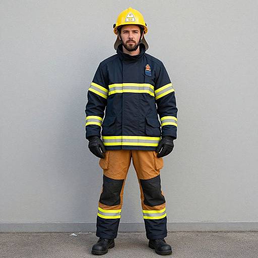Photograph of a bearded male firefighter standing against a white wall, wearing yellow helmet, black jacket with yellow stripes, brown pants, black gloves,