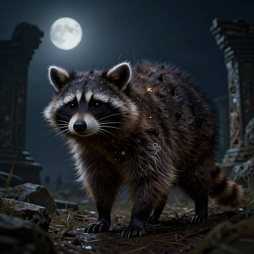 Photorealistic digital art of a raccoon standing in a dark, moonlit, ruined temple, surrounded by broken stones and pillars.