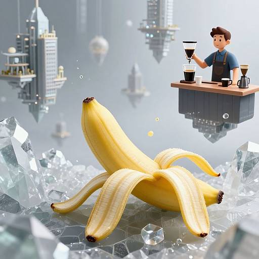 Digital illustration of a floating barista serving coffee above a large, peeled banana on a crystalline cityscape background.
